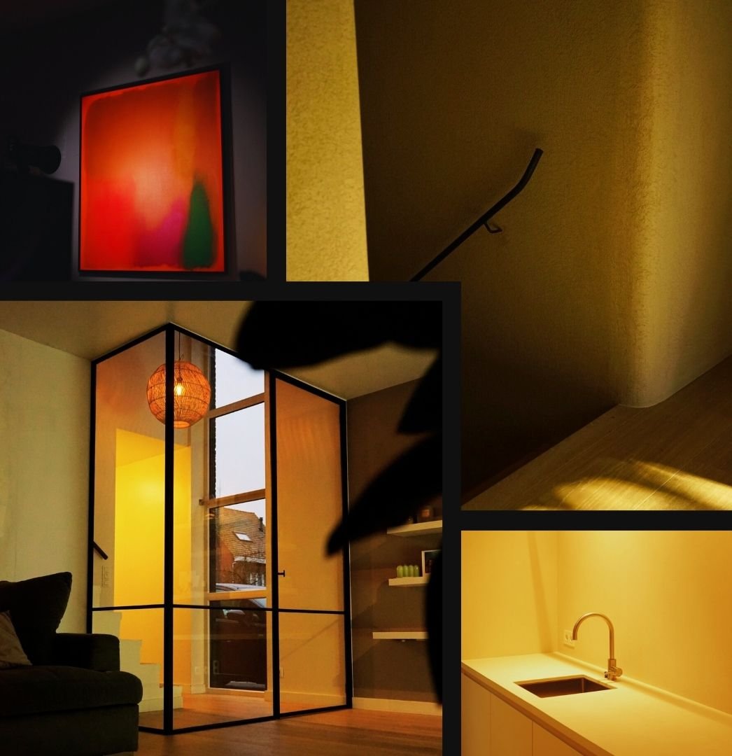 Warme, moderne woning met glazen scheidingswanden en staalwerk-mobile